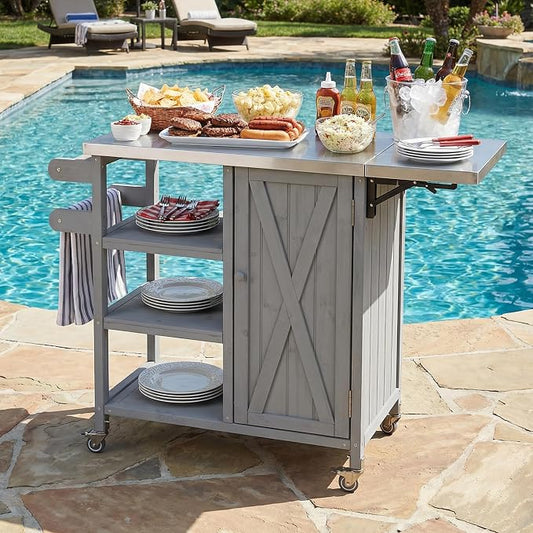 JIVOIT Outdoor Kitchen Island with Foldable Stainless Steel Tabletop, Patio Fir Wood Kitchen Cart Portable Prep Station with Lockable Wheels, Storage Cabinet and Towel Rack (Grey/123)