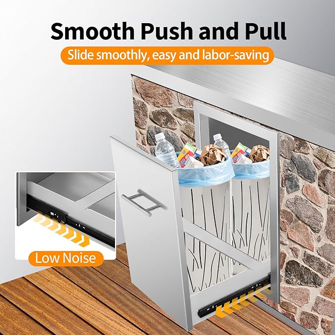 Pull Out Trash Can Drawer Outdoor Kitchen Trash Cabinet Stainless Steel Flush Mount for Outdoor Kitchens & BBQ Islands 14" W x 25.7" H x 19.4" D