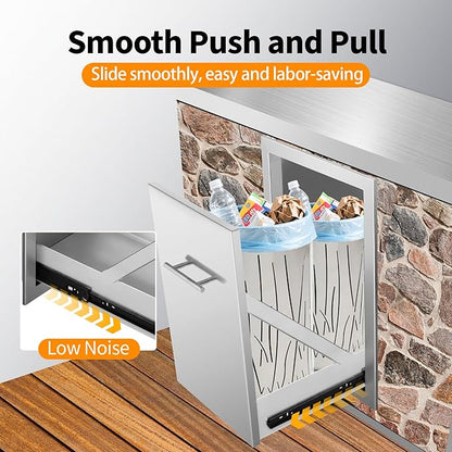 Pull Out Trash Can Drawer Outdoor Kitchen Trash Cabinet Stainless Steel Flush Mount for Outdoor Kitchens & BBQ Islands 14" W x 25.7" H x 19.4" D