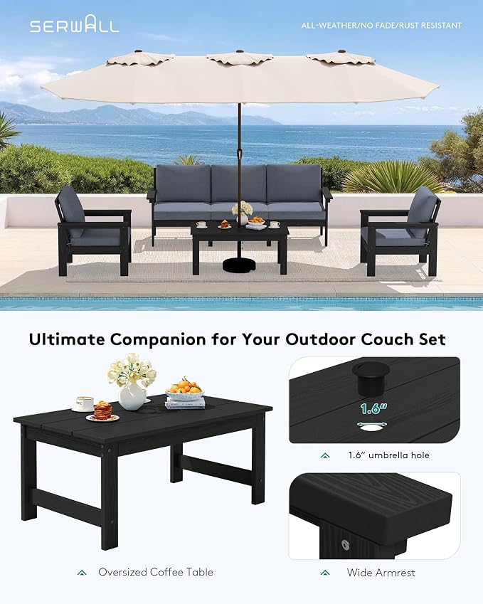 SERWALL HDPE Patio Conversation Set, 6-piece Sectional Outdoor Furniture Set, All Weather Outdoor Couch Set Patio Furniture Set for Deck, Lawn, Black Frame with Grey Cushion