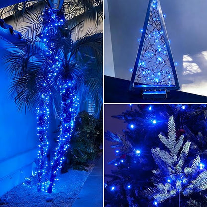 QITONG 2 Pack Blue Solar String Lights, Each 66ft 200 LED Christmas Lights Outdoor Waterproof, 8 Modes Green Wire Solar Twinkle Lights