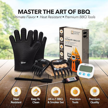Ultimate 5-Piece BBQ Gift Kit | Smoker Gloves, Meat Claws, Instant-Read Thermometer, Timer & Brush | No.1 Heatproof Silicone Smoker Mitts & Pulled Pork Claws for Barbecue, Grilling, Smoking, Shredding