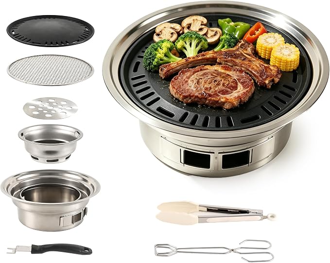 Mini Charcoal Grill 13.4" Stainless Portable BBQ Smoker Set for Camping | Compact for patio, park, travel, non-stick pan, mesh racks, cool-touch handle, tongs & coal clip set, lightweight travel