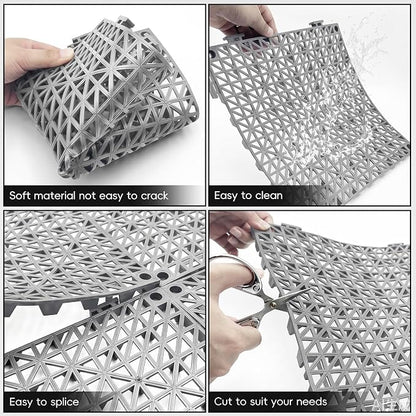 RITOLLO Modular Interlocking Cushion Drainage Floor Tiles, 16-Pack 11.8"x11.8" PVC Raised Non-Slip Interlocking Mats with Drain Holes for Deck, Pool, Garage, Shower, Patio, Bathroom, Sauna, Yard -Gray