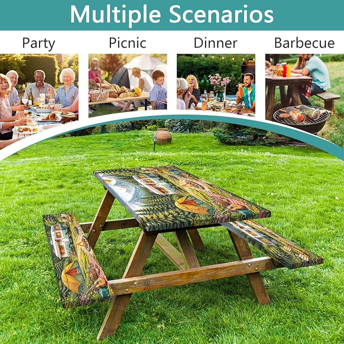Happy Camping Picnic Table Cover with Bench Covers & Bag, Camping Essentials, RV Tent Forest Mountain Waterproof Windproof Fitted Tablecloth Cover with Elastic Edge for Outdoor Garden 3 PCS 30x72Inch
