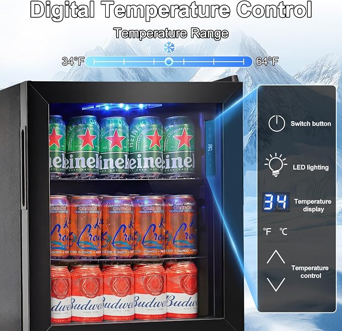 FoMup Mini Fridge 50 Can, Small Beverage Refrigerator with Reversible Glass Door, Countertop Drink Cooler with Temperature Control, Compact Beer Soda Fridge for Office Dorm Kitchen, Black
