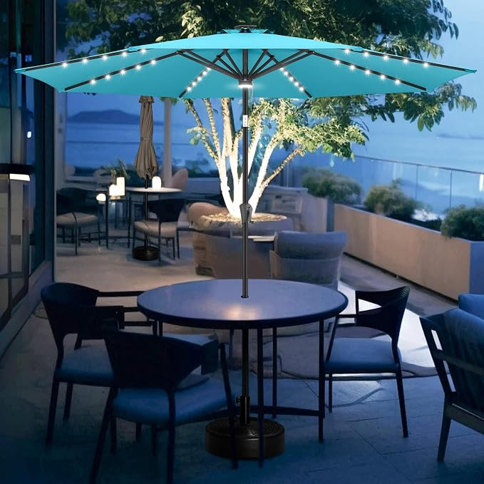 FLAME&SHADE Solar Patio Umbrella with a Centre Light, 9 FT Aqua Blue | 40 LED Lights, UV Protection, Waterproof, Porch Deck Outdoor Umbrella for Pool, Backyard, Garden, Provides Evening Lighting