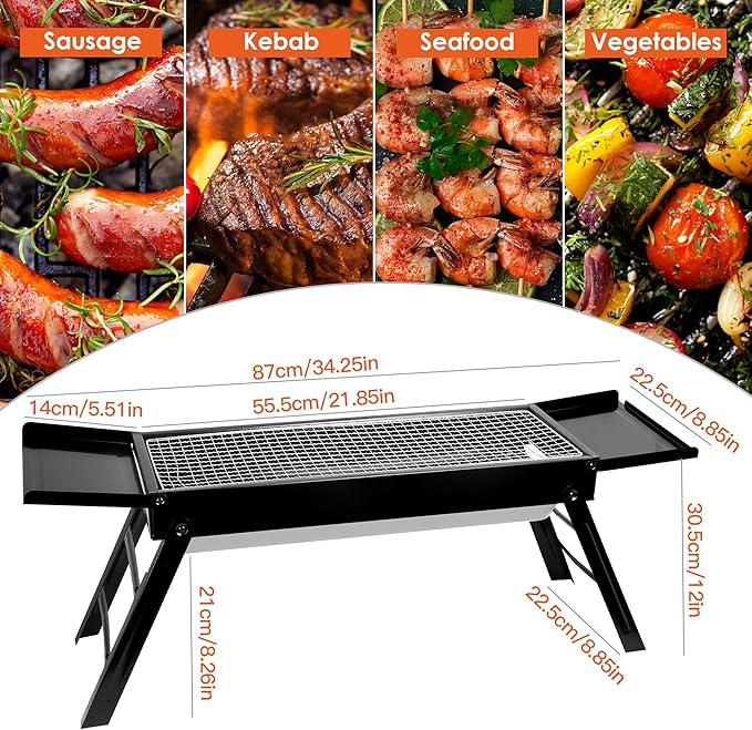 Portable Charcoal Grill with Side Table– Foldable Tabletop BBQ Grill for Outdoor Cooking, Camping, Picnics & Travel | Compact & Lightweight| Smoky Flavor & Easy to Clean