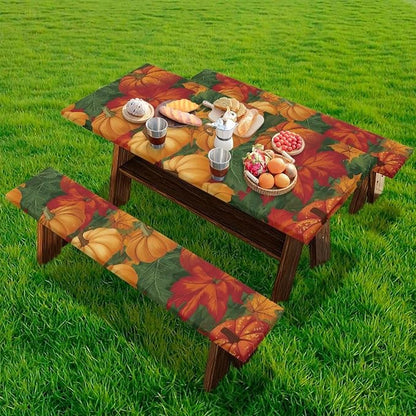 Thanksgiving Elastic Fitted Table Cloth for Camping Party Supplies 3 PCS Set Classic Pumpkin Maple Leaf Outdoor Picnic Table Cover with Bench Covers