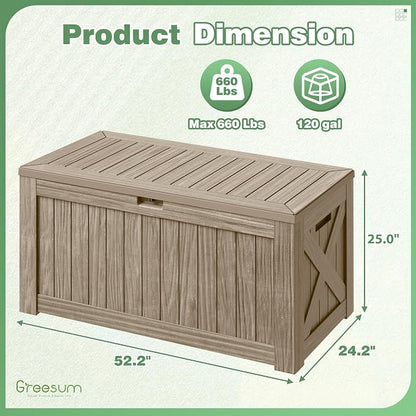 Greesum Outdoor Storage Box 120 Gallon Storage Bin with Lid for Patio Furniture, Garden Tools, Pool Supplies, Lockable, Waterproof and UV Resistant, Coffee