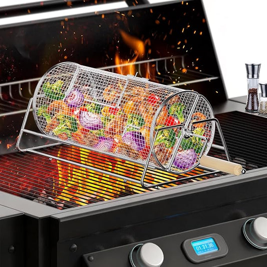 Rotatable Rolling Grill Baskets, 304 Stainless Steel, Even Cooking Nesting Grilling Net, BBQ Accessories Tools for Vegetables Shrimp, Outdoor Camping, Gifts for Birthday/Men/Dad/Husband