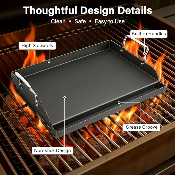 17" x 13" Cast Iron Flat Top Griddle - Oil Coating Non-Toxic - Universal Grill Insert with High Sidewalls, Fits Gas/Charcoal/Electric Grills (Weber, Charbroil, Nexgrill, More)