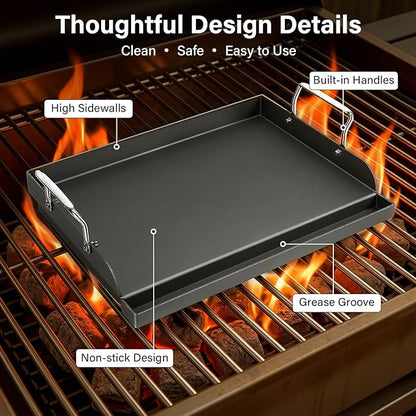 17" x 13" Cast Iron Flat Top Griddle - Oil Coating Non-Toxic - Universal Grill Insert with High Sidewalls, Fits Gas/Charcoal/Electric Grills (Weber, Charbroil, Nexgrill, More)