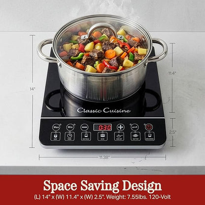 Induction Cooktop - Multifunctional 1800W Electric Stove Top - Hot Plate with Built-In Safety Tools and 10 Power Settings by Classic Cuisine (Black)
