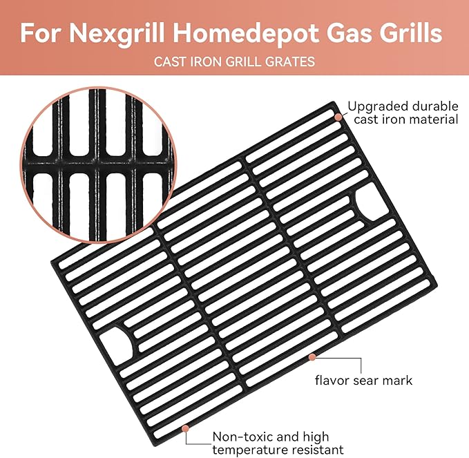 17inch Grill Grates for Nexgrill 6 Burner 720-0896 720-0896B 720-0896E 720-0898 720-0896X 720-0896C 720-0896CP 720-0898A , Cast Iron Cooking Grids for Homedepot Nexgrill 6-Burner Deluxe 720-0896,3Pack