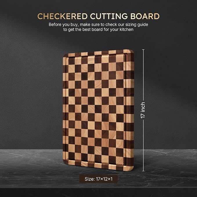 Cutting Boards for Kitchen Checkered Cutting Board 17in Acacia Wood Charcuterie Board Serving Heavy Duty Non Toxic Slip Over Sink Butcher Block Meat Best Kitchen Essential Gift