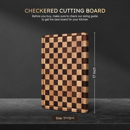 Cutting Boards for Kitchen Checkered Cutting Board 17in Acacia Wood Charcuterie Board Serving Heavy Duty Non Toxic Slip Over Sink Butcher Block Meat Best Kitchen Essential Gift