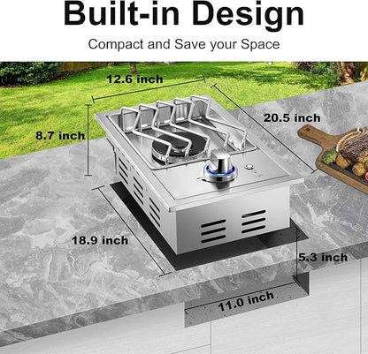 Single Grilling Side Burners for Outdoor Kitchen, 15,000BTU Liquid Propane Side Burner, Duty Heavy 304 Stainless Steel, Convertible to Natural Gas, Drop-in Side Burner for Outdoor BBQ Grill Island