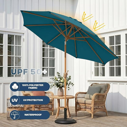 9ft Outdoor Patio Umbrella, Market Table Umbrella with Crank and Easy Push Button Tilt, Wood Grain Frame, UPF 50+ for Pool, Garden, Deck, Backyard