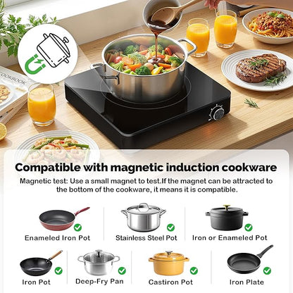Portable Single Burner Electric Cooktop, 1200W 110-120V Countertop Hot Plate with Knob Control & 6 Power Levels, Black Crystal Glass Surface, Compatible with All Cookware, for Home Camping
