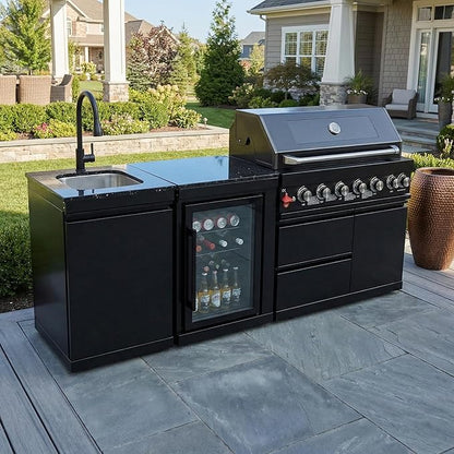 82" Outdoor Kitchen Island,6-Burner Propane Grill – Stainless Steel with Rotisserie Oven,Refrigerator,Granite Countertops & Sink.BBQ Grill Total 85,000 BTU.(Black,Propane)