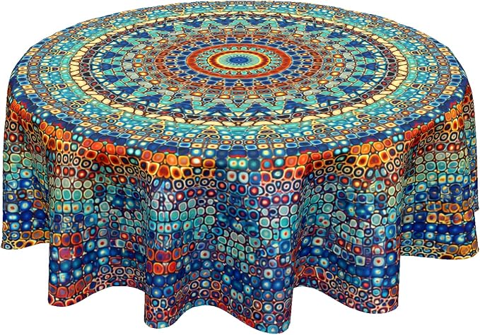 Sweetshow Boho Mandala Tablecloth Round 70 Inch,Rustic Colorful Bohemian Polyester Circle Table Cloth,Wrinkle Stain Resistant Washable Table Cover for Kitchen Dining Room Holiday Party Picnic Patio