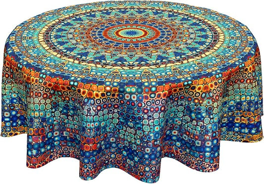 Sweetshow Boho Mandala Tablecloth Round 70 Inch,Rustic Colorful Bohemian Polyester Circle Table Cloth,Wrinkle Stain Resistant Washable Table Cover for Kitchen Dining Room Holiday Party Picnic Patio
