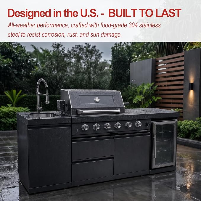 Outdoor Kitchen Island Grill with Refrigerator & Rotisserie, Heavy-Duty Stainless Steel Freestanding Grill Station, Weather-Resistant Cooking Cabinet for Backyard & Summer Parties for Propane Gas