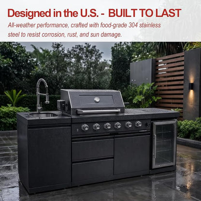 Outdoor Kitchen Island Grill with Refrigerator & Rotisserie, Heavy-Duty Stainless Steel Freestanding Grill Station, Weather-Resistant Cooking Cabinet for Backyard & Summer Parties for Propane Gas
