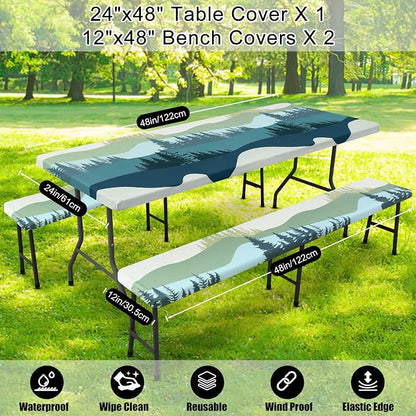 Smiry Picnic Table Cover with Bench Covers, Waterproof Elastic Fitted Tablecloth for 4 Foot Tables, Washable Polyester Tablecloths for Camping, Indoor & Outdoor (Green Blue, 24x48 Inch 3-pc Set)