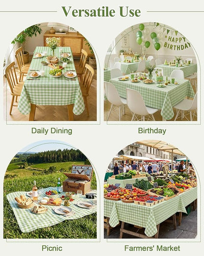 Seenus Flannel Backed Gingham Plastic Tablecloth, Waterproof & Wipeable Light Green Checkered Table Cover, Non-Slip Picnic Table Cloth for Birthday Party Outdoor Camping, Rectangle 60 x 120 Inch
