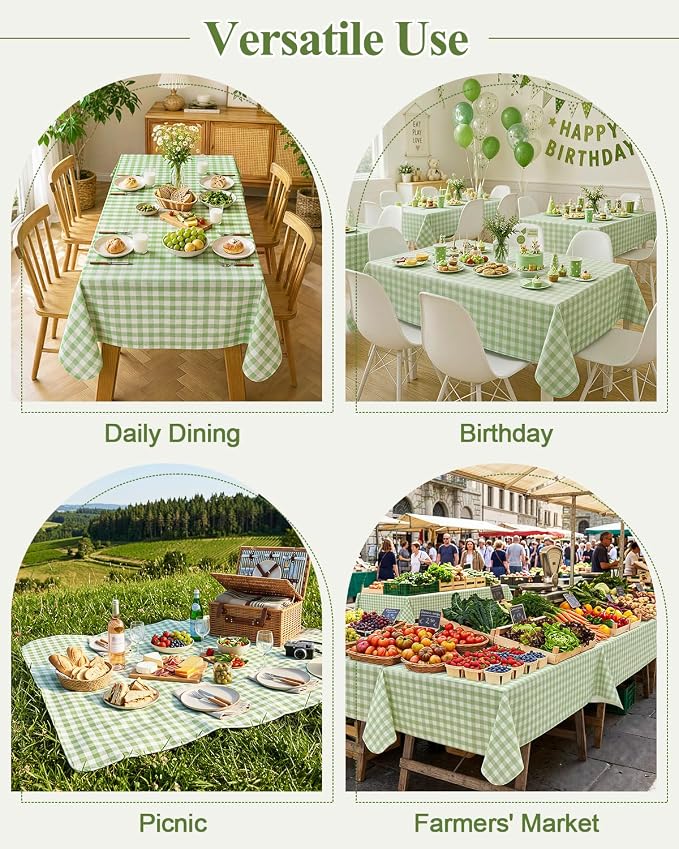 Seenus Flannel Backed Gingham Plastic Tablecloth, Waterproof & Wipeable Light Green Checkered Table Cover, Non-Slip Picnic Table Cloth for Birthday Party Outdoor Camping, Rectangle 54 x 108 Inch