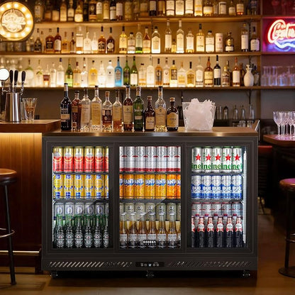 BODEGACOOLER 12 Cu.Ft Back Bar Cooler, 3 Sliding Glass Doors, 6 Castes | Commercial beverage refrigerator for beer and soda with Stainless Steel Top, 6 adjustable shelves, LED lighting, 32°F-50°F