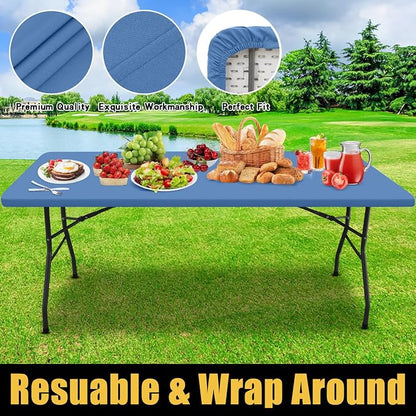 Smiry Rectangle Picnic Table Cloth, Waterproof Elastic Fitted Tablecloths for 5 Foot Tables, Washable Polyester Table Cover for Camping, Indoor and Outdoor (Stone Blue, 30"x60")