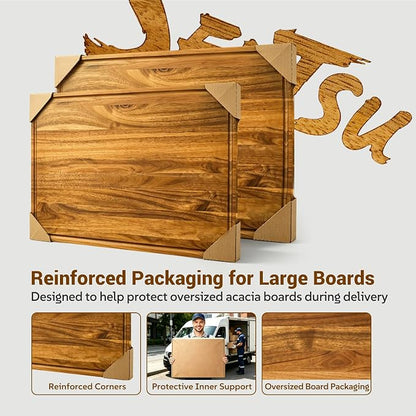 Sentsu Extra Large Acacia Wood Cutting Board 36 x 24 in, Deep Juice Groove | 100% solid acacia, handles, carving, serving, noodle board and countertop extender for turkey, brisket and BBQ