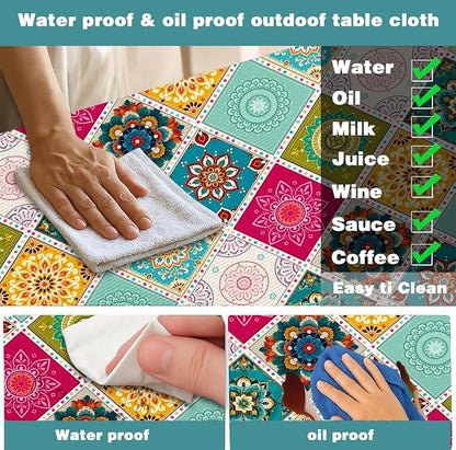 Boho Picnic Table Cover with Bench Covers and Bag, Camping Essentials, Bohemian Mandala Waterproof Washable Fitted Camping Tablecloths with Elastic Edges for Outdoor & Garden, 3 Pcs Set 30x96 Inch