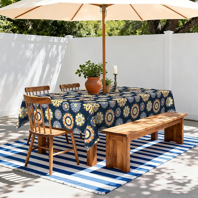 LVTXIII Rectangle Outdoor Tablecloth with Umbrella Hole and Zipper, Water-Repellent 60 x 84 Inch Patio Table Cover for Picnic, Garden, Backyard Dining, Bloom Cobalt