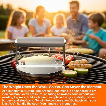The Artisan Sear Press by QAP | Heavy Duty 1.95kg Stainless Steel Grill Press for Smashed Burgers, Steak, Fish & Salmon | Professional Meat & Seafood Weight |163mm Round BBQ Hot Plate Accessory BP1-01