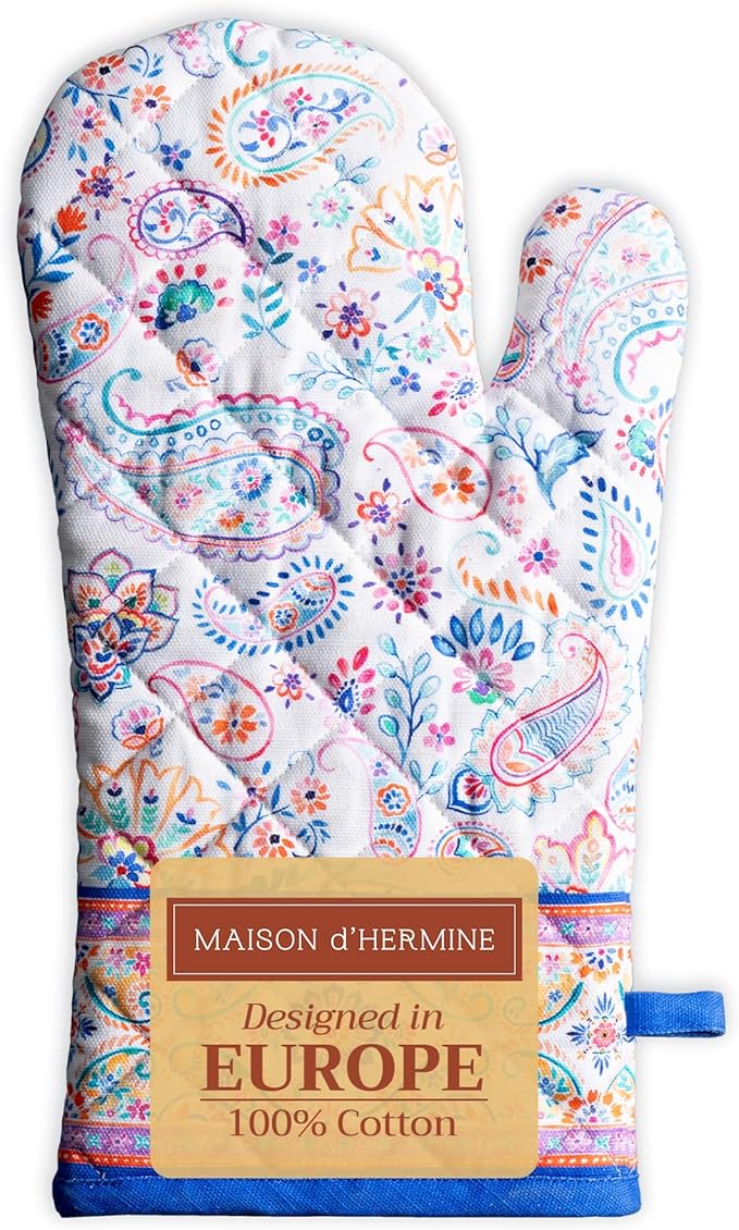 Maison d'Hermine Oven Gloves 100% Cotton Oven Mitt 7" x 13" with Loop Heat Resistant BBQ Cooking Gloves Baking Grilling Kitchen Hotel Home Farmhouse Spring Summer (Pack of 1, Indian Floral)