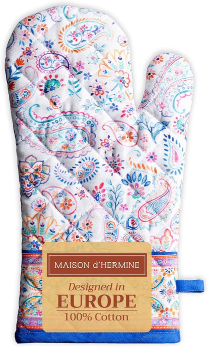 Maison d'Hermine Oven Gloves 100% Cotton Oven Mitt 7" x 13" with Loop Heat Resistant BBQ Cooking Gloves Baking Grilling Kitchen Hotel Home Farmhouse Spring Summer (Pack of 1, Indian Floral)