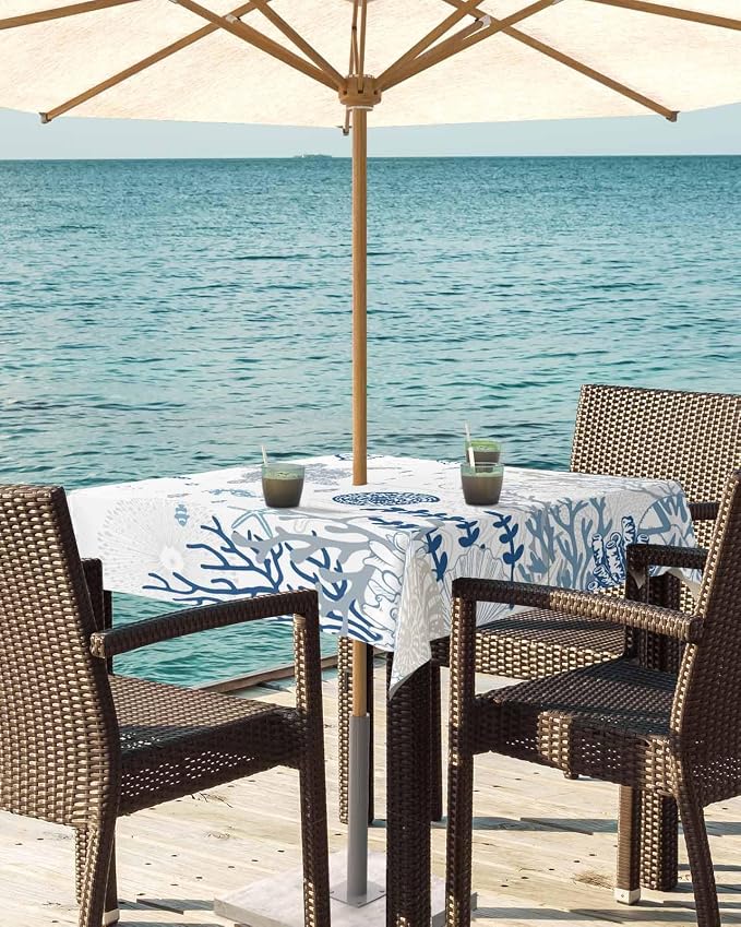 Blue Coastal Outdoor Tablecloth - 60x60 Inch Square Waterproof Dining Table Cover, Nautical Summer Beach Sea Turtle Coral Outdoor Table Cloth with Umbrella Hole & Zipper for Picnic/Patio