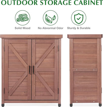 Outdoor Storage Cabinet & Potting Bench Table with Metal Top, Wooden Patio Furniture, Garden Workstation (Royal Brown, 36x31x17in)