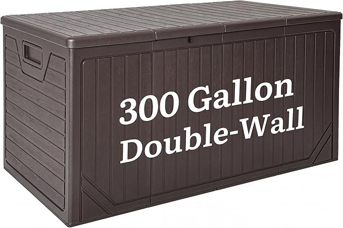 YITAHOME XXL 300 Gallon Extra Large Outdoor Deck Box, Lockable Resin Double-Wall Storage Box and Waterproof Patio Furniture Bin for Garden Tools & Pool Accessories, Brown
