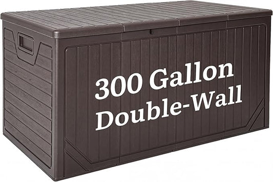 YITAHOME XXL 300 Gallon Extra Large Outdoor Deck Box, Lockable Resin Double-Wall Storage Box and Waterproof Patio Furniture Bin for Garden Tools & Pool Accessories, Brown