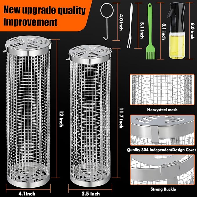 10-Piece BBQ Set: 2 Rolling Grill Baskets for Effortless Flipping, 304 Stainless Steel for Easy Clean, Sausage & Vegetables, Oil Bottle, Forks, Brushes, Outdoor Camping Grilling Accessories, Gifts for Men Dad Husband