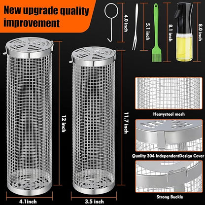 10-Piece BBQ Set: 2 Rolling Grill Baskets for Effortless Flipping, 304 Stainless Steel for Easy Clean, Sausage & Vegetables, Oil Bottle, Forks, Brushes, Outdoor Camping Grilling Accessories, Gifts for Men Dad Husband