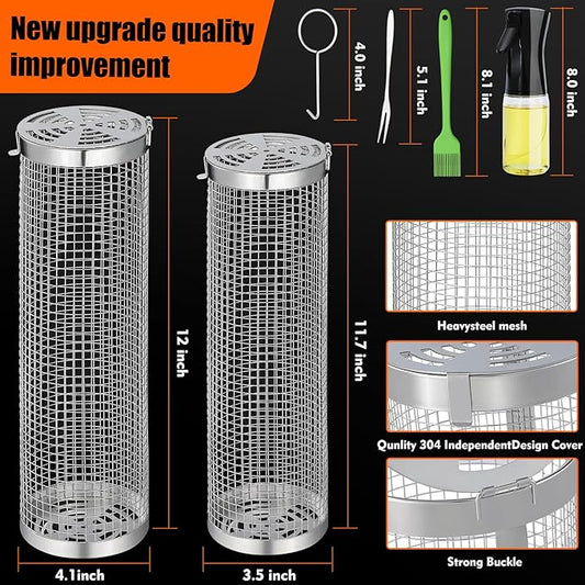10-Piece BBQ Set: 2 Rolling Grill Baskets for Effortless Flipping, 304 Stainless Steel for Easy Clean, Sausage & Vegetables, Oil Bottle, Forks, Brushes, Outdoor Camping Grilling Accessories, Gifts for Men Dad Husband