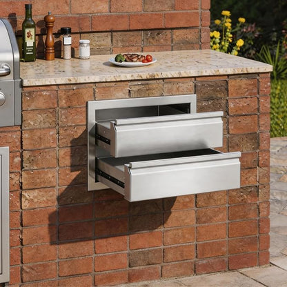 18" W x 23" D x 15" H Outdoor Double Kitchen Drawers, Stainless Steel Kitchen Grill Cabinet Combo Flush for BBQ Island Patio and Grill Station