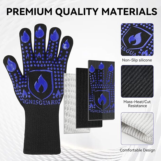 BBQ & Grill Gloves, Oven Gloves, 1472°F Silicone Oven Mitts Heat Resistant Grilling Gloves Fireproof Non-Slip for Barbecue Cooking Baking Smoking, 1-Pair (Blue, Medium)