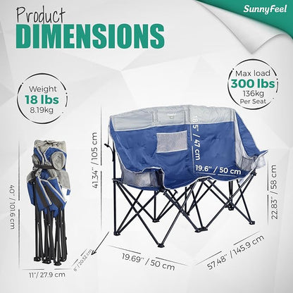 SUNNYFEEL Double Camping Chair Oversized Loveseat for Adults | 600LBS Heavy Duty Padded Camping Couch with Cup Holder, Storage Pockets & Carry Bag for Patio RV/ Lawn/ Backyard